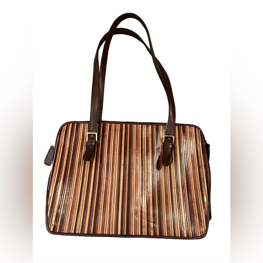 Vintage Lord & Taylor Brown Leather Tan Neutral Color Straw Stripes Look Medium